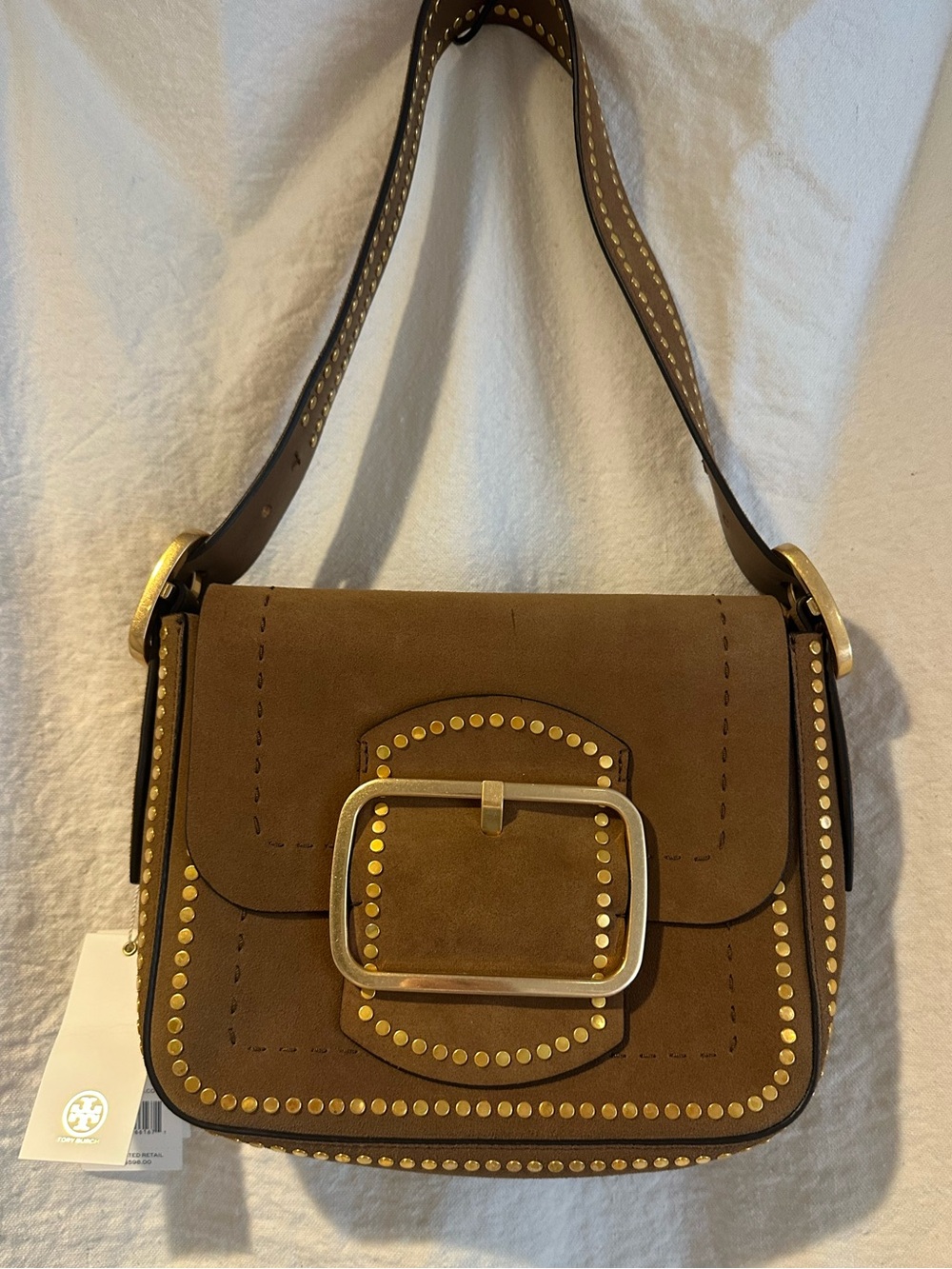 Tory Burch Sawyer Stud Suede Small Shoulder Bag Brown